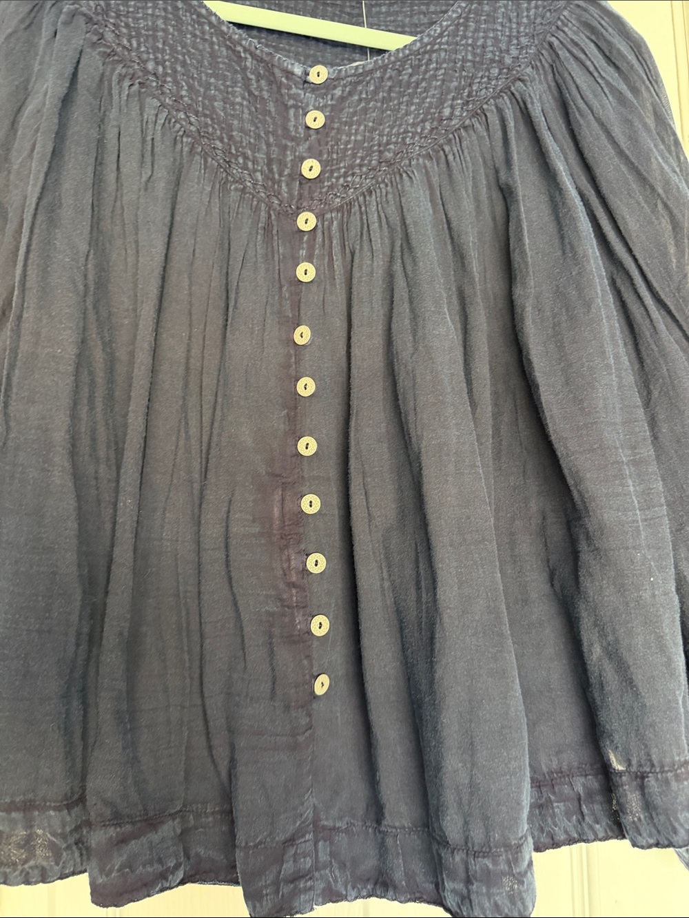 Free People Navy Smocked Yoke Button-Down Peasant Blouse - Picture 2 of 4